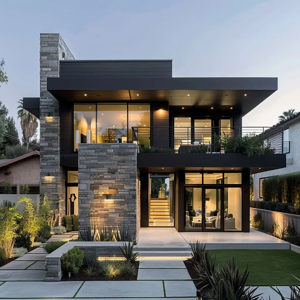 A modern black luxury house with large windows and minimalist design